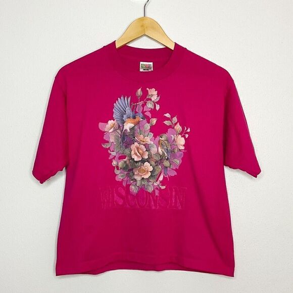 Vintage 90’s single stitch pink Wisconsin embroidered boxy tshirt medium - Picture 1 of 9